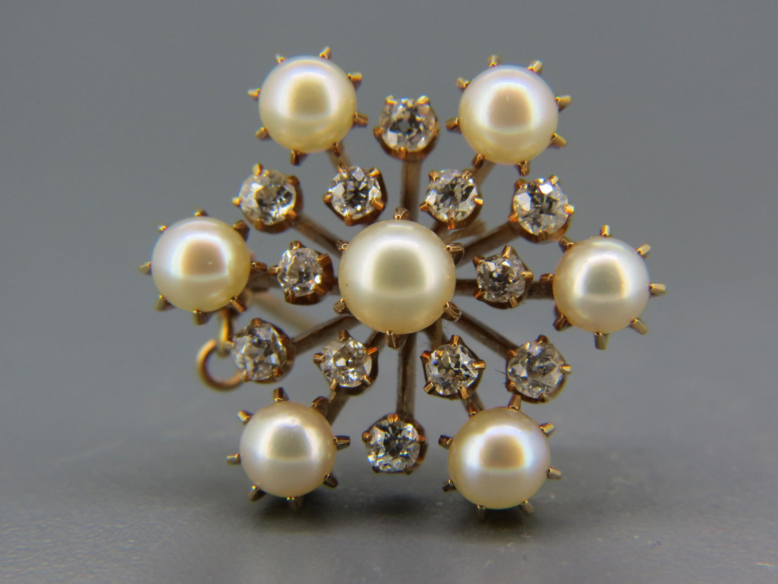 Diamond & Pearl 18K Gold Antique Brooch, (1 of 5)