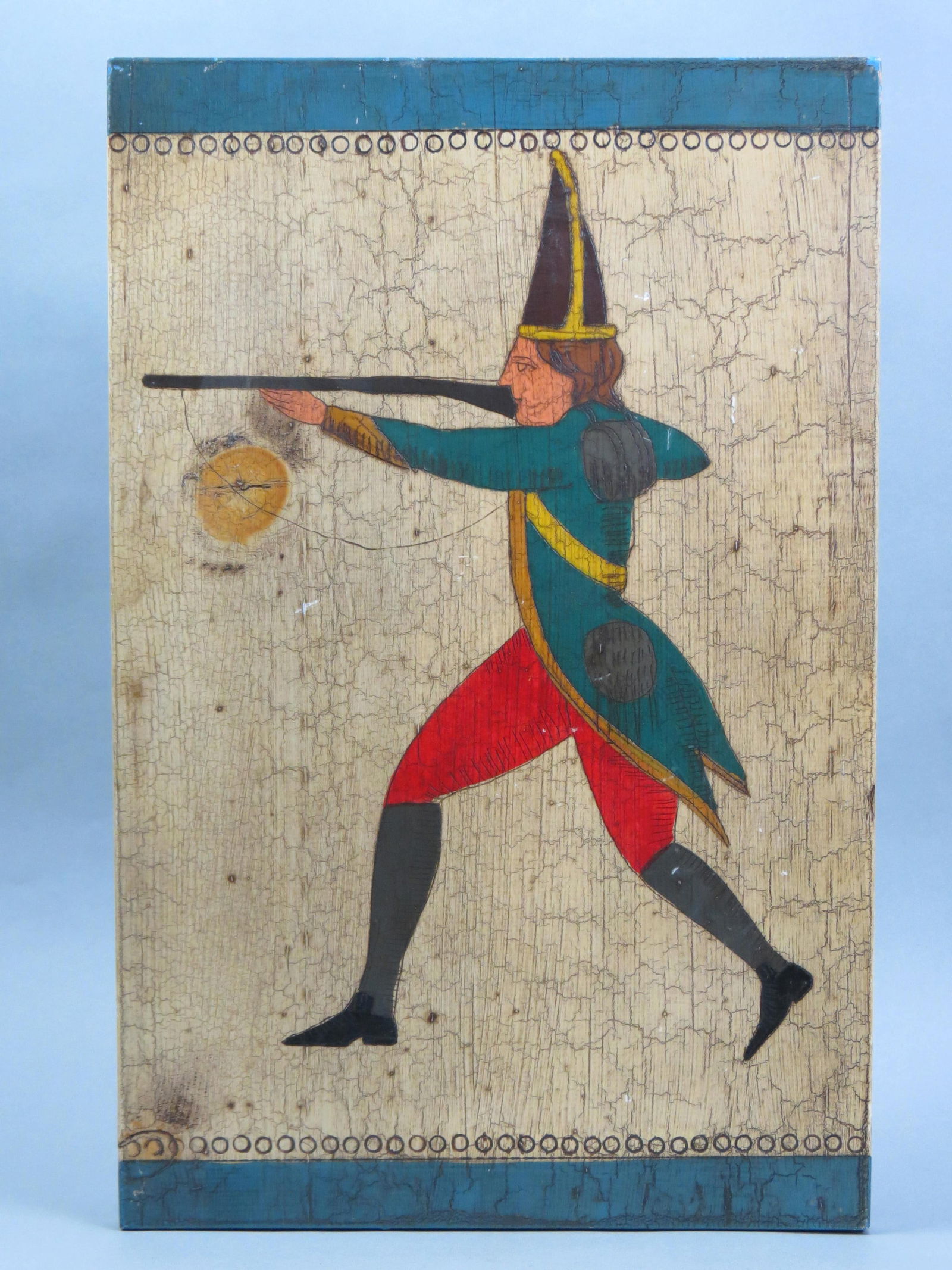 Harris G. Strong, Painted Plaque of Soldier,: Revolutionary, 15 1/2" X 24", well listed artist, label on back.....Harris Strong was born in Waukesha, Wisconsin in 1920. His aunt owned a greeting card company, and that influenced him to become an