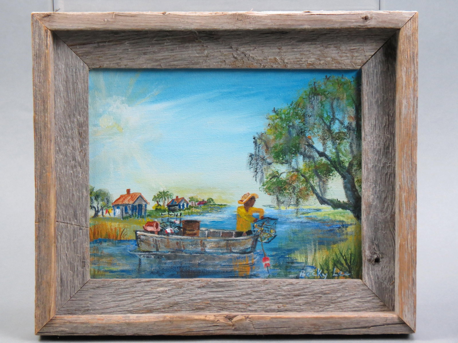 Becky Lee, oil, "Pulling Crab Traps",: on canvas, image area 8" X 10" plus natural wood frame, signed and dated 2016, well listed artist...............Artist Statement:I was born on September 13, 1943 in Walterboro, S.C. I have been a life