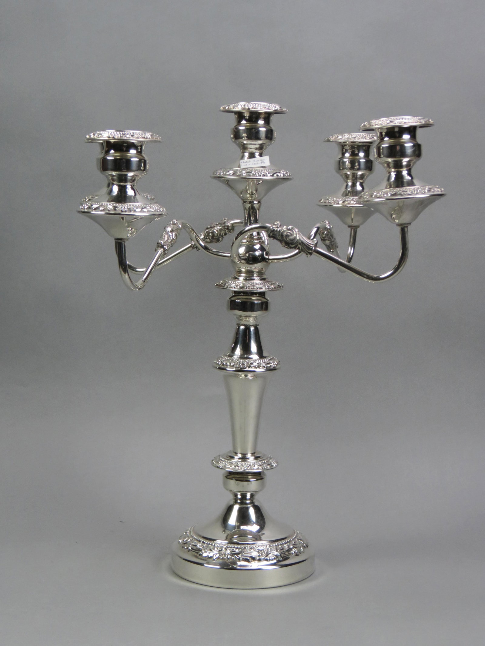 Silverplate Tall Candelbra, five light,: floral.