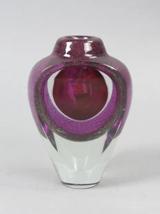 Jon Kuhn Studio Art Glass Vase,: internal amethyst and iridescent designs, clear base, panel cut sides or windows reveal internal decorations, 5", signed and dated April, 1981, excellent. Provenance; The Branch Gallery, Washington, D