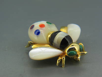 14K Gold & Stone Figural Bee Brooch,: with moonstone, malachite, black onyx, mother-of-pearl and others in yellow gold, signed Asch/Grossbardt, 1 1/2" X 1 1/8", 9 grams.