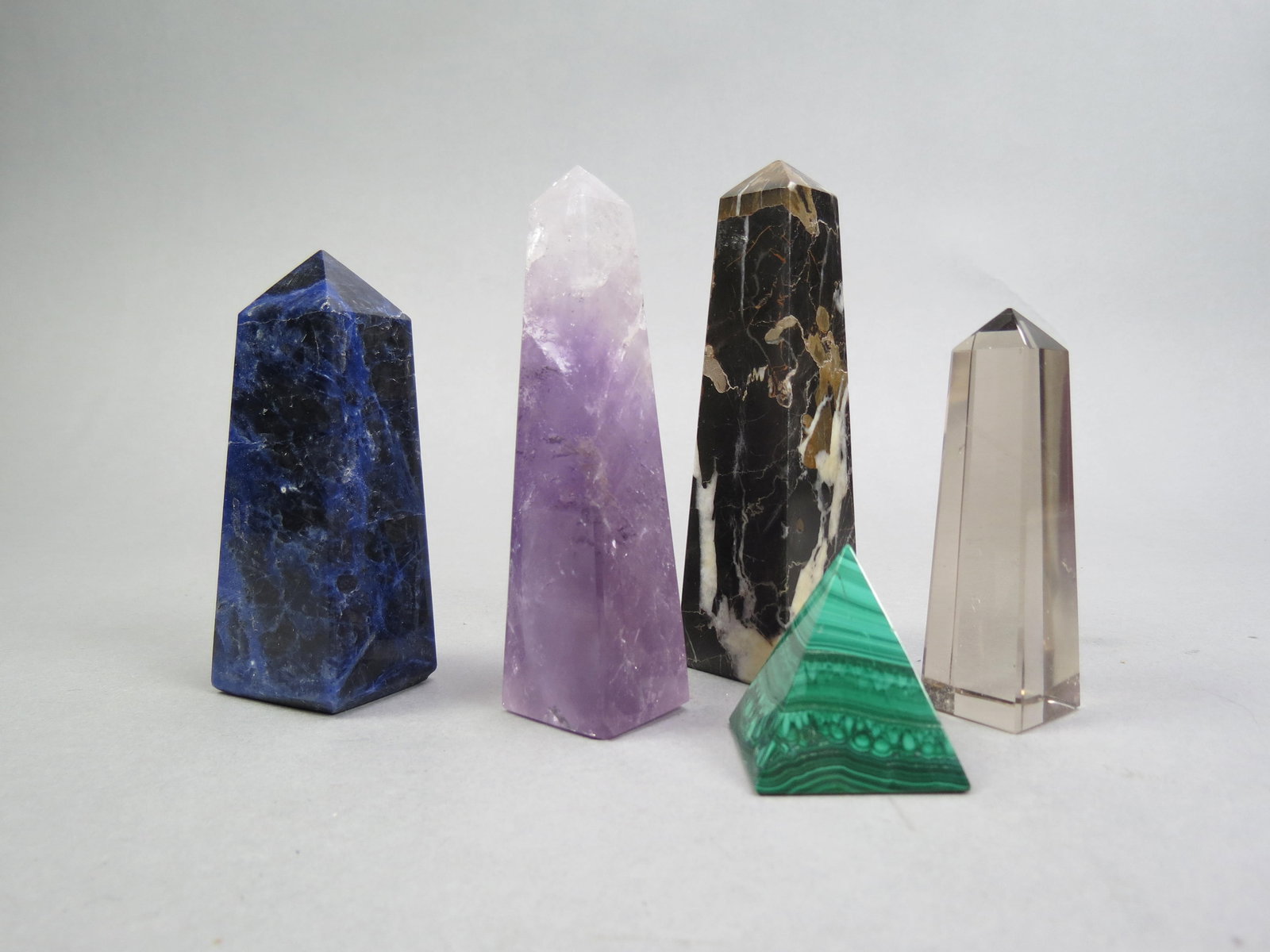 5 Stone Obelisks; malachite, amethyst, (1 of 6)