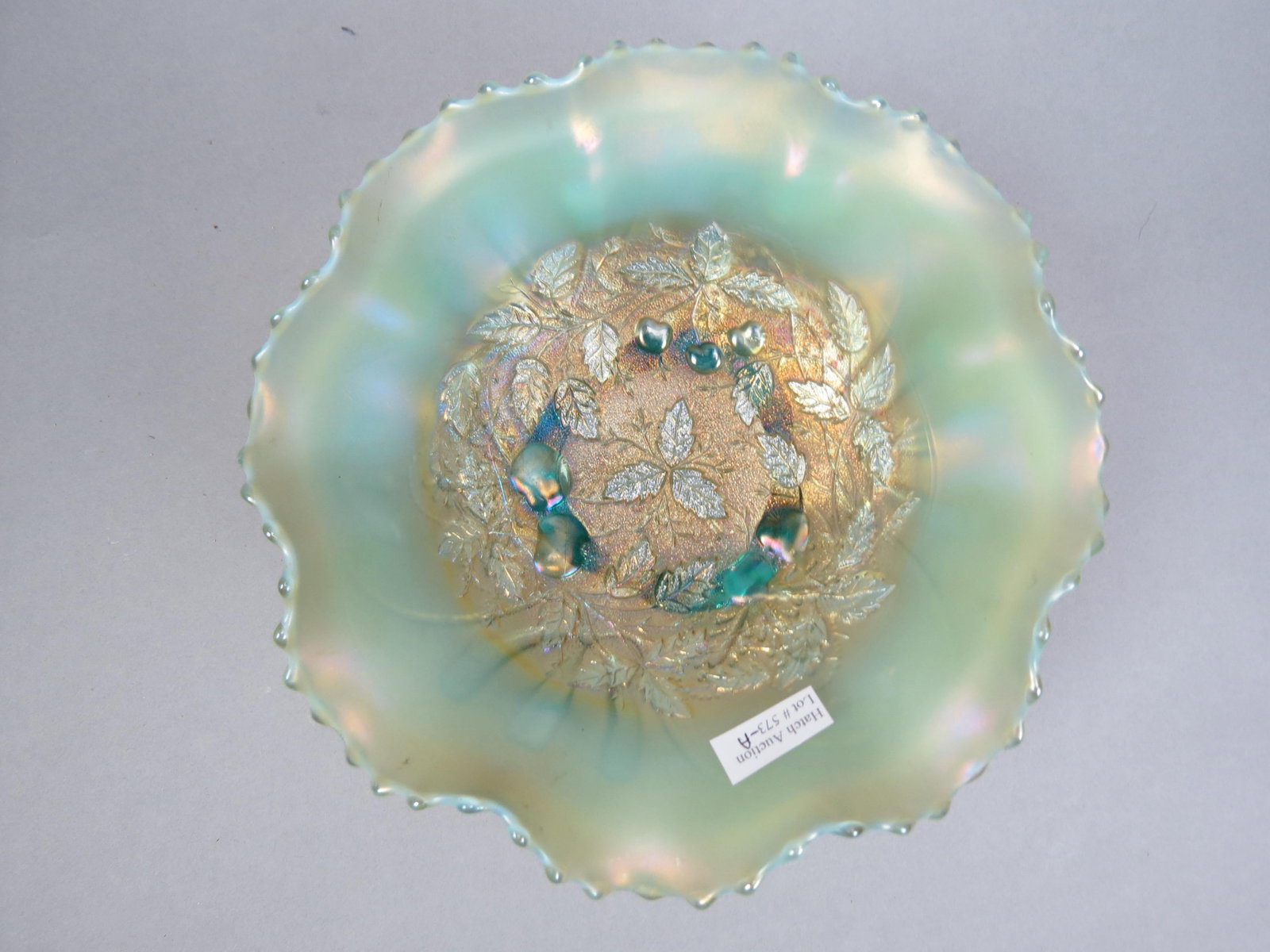 Carnival Glass Aqua Opalescent Bowl "Three Fruits": meander back, footed bowl, 8 3/4" diameter, excellent.