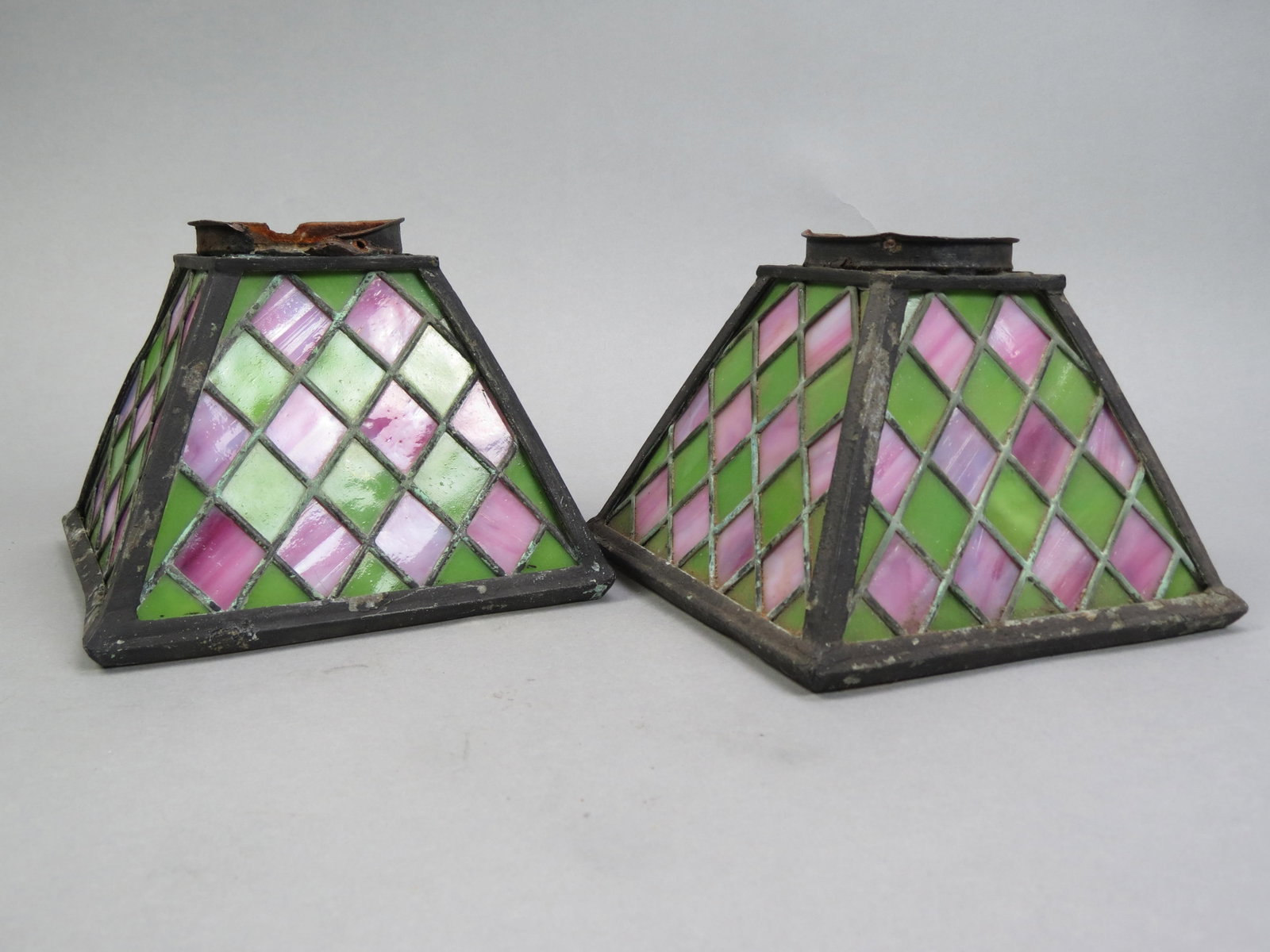 2 Arts & Crafts Leaded Slag Glass Lamps,: diamond design, green and burgundy, 7 1/2" X 7 1/2", 5 1/2" tall.