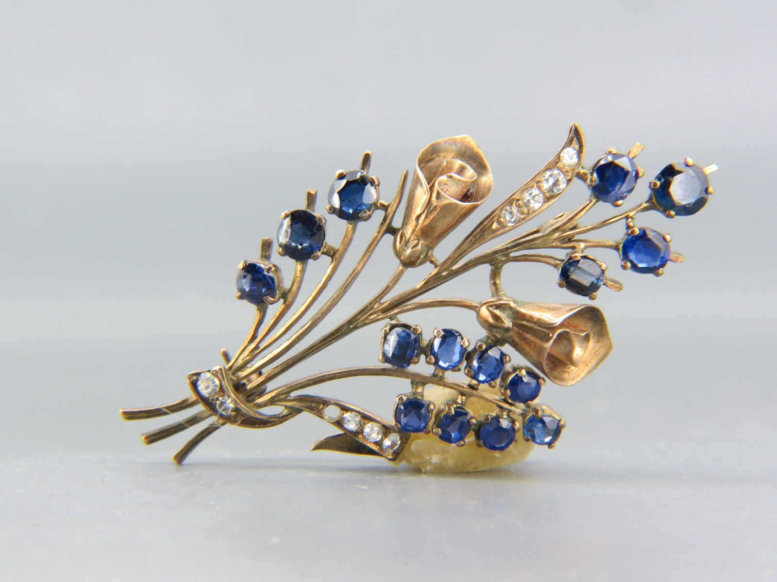 Sapphire 10K Gold Antique Floral Brooch, (1 of 4)