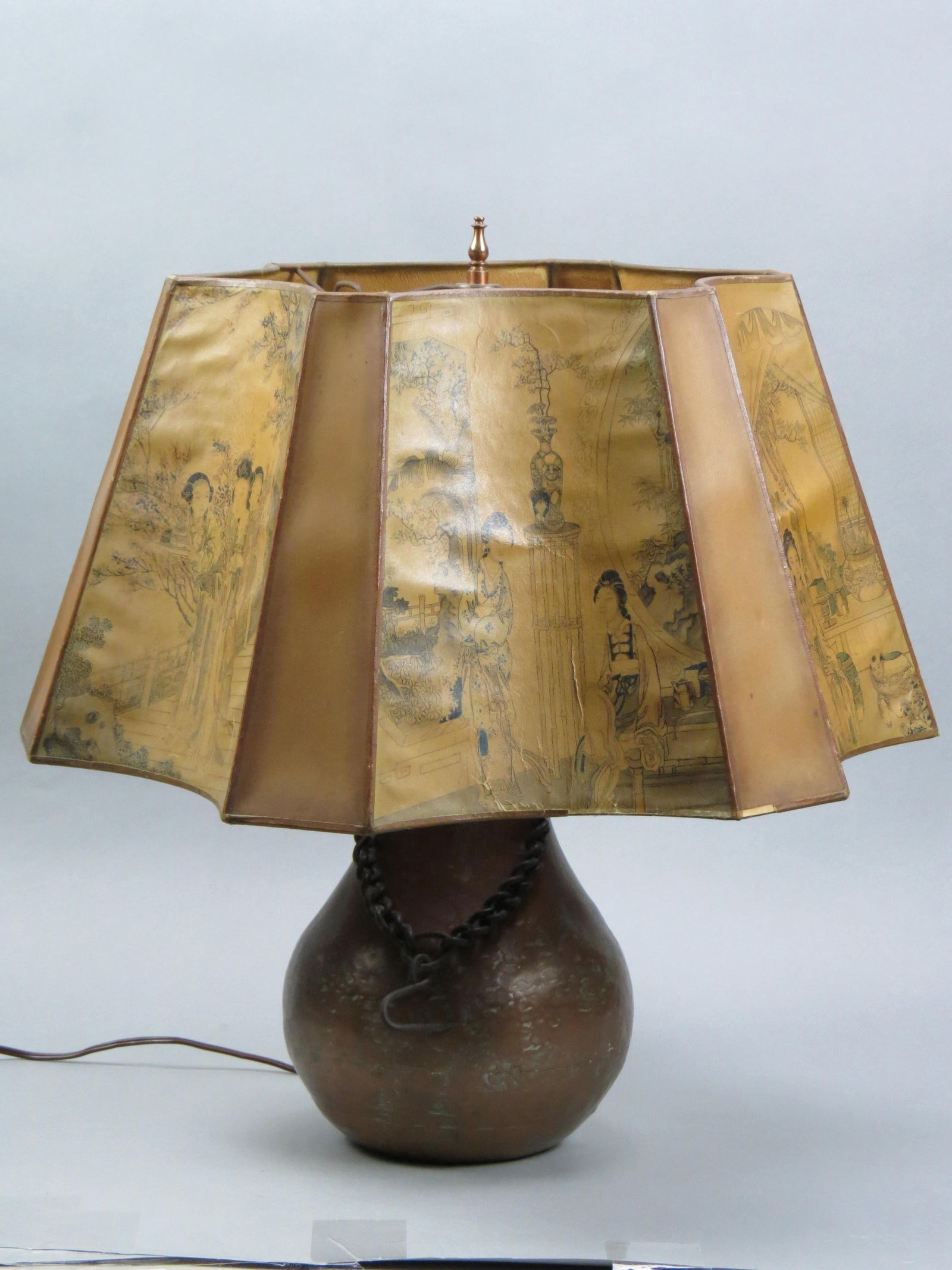 Copper Lamp with Asian Decorated Shade, (1 of 3)