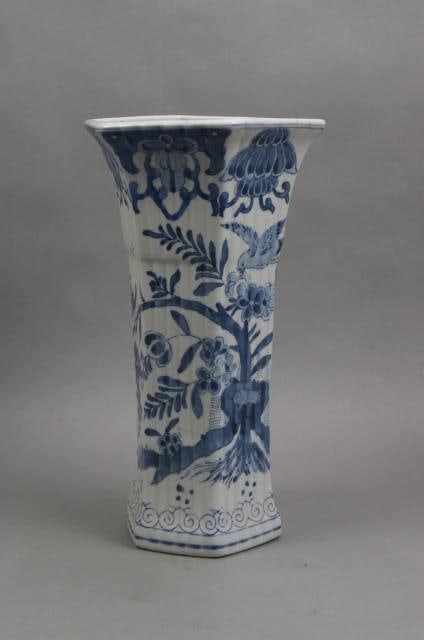 Chinese Blue & White Porcelain Tall Vase,: bird and foliage decor on ribbed hexagon, 15" tall, decorative, late 20th century.