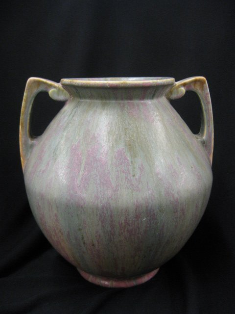 Roseville Carnelian II Art Pottery Vase,: heavy textured glaze, 1915, mottled green & burgundy, handled, 10" tall, 9" diameter, excellent.