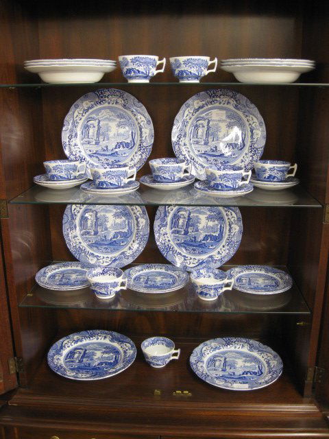 38 pcs. Spode "Italian" China Service,: blue & white, service for 6 with extras, excellent.