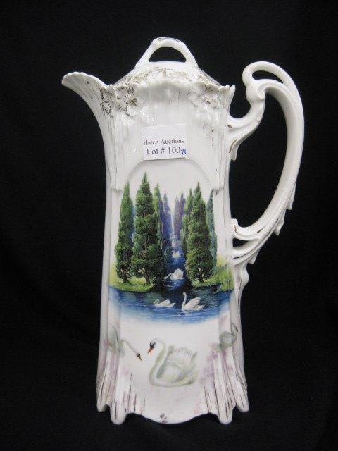 R.S. Prussia Porcelain Chocolate Pot,: scarce swan on lake design, icicle type mold, 10 1/2", replacement lid.