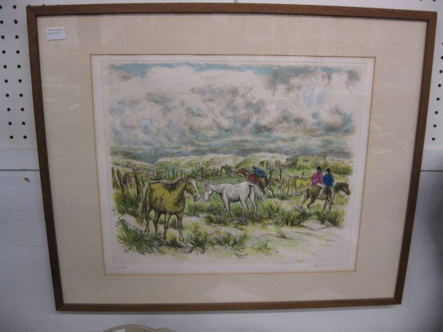 Ira Moskowitz, Lithograph, New Mexico Scene,: with wild horses rounded up, #117 of 260, image area 10" x 19", pencil signed, well listed artist.....Ira Moskowitz was born in Galicia, Poland in 1912, emigrating with his family to New York in 1927.