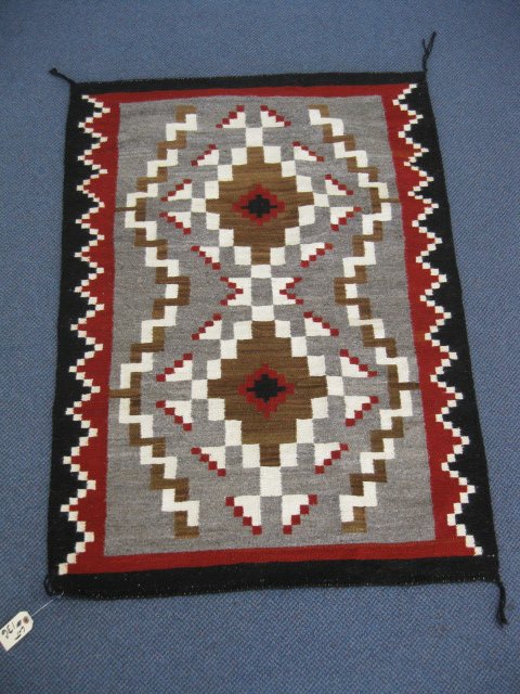 Navaho Indian Rug,: geometric designs, red, brown, ivory & gray, 36" x 51", excellent.