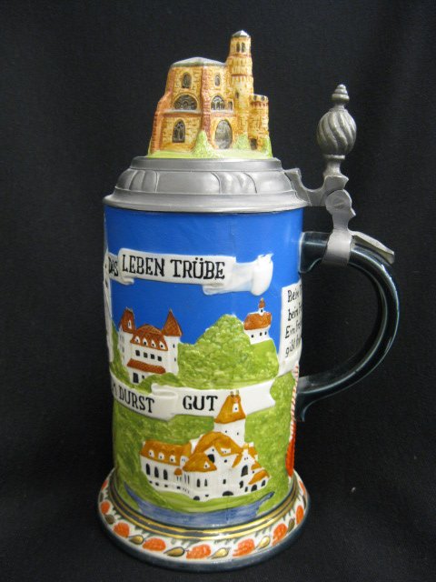 Mettlach Pottery Stein,: castles, figural castle top, 1 liter, limited edition, 9 1/2" tall.