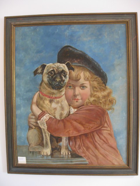 Oil of Buster Brown with Dog on canvas,: image area 30" x 24"....Buster Brown was a comic strip character created in 1902 by Richard Felton Outcault who was known for his association with the Brown Shoe Company. (The name "Buster" came eithe