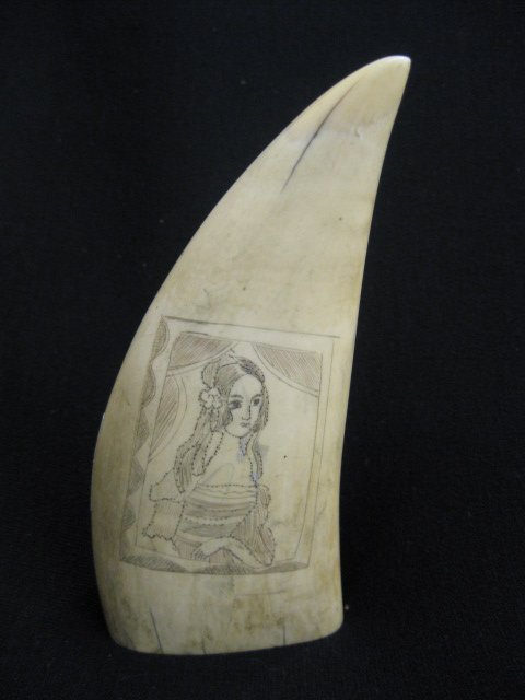Scrimshaw Whale's Tooth,: scenes of young maiden, 5 1/2", 19th century.