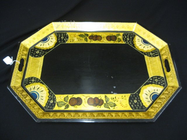 Tole Tray,: handpainted & gold leaf with fruit & flowers, handled, 19" x 26".