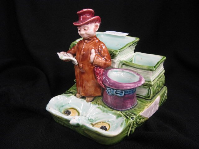 Palmer Cox "Brownie" Majolica Figural Pottery: Smoking Companion, this Victorian character stands next to a top hat that holds matches, behind that cigar & cigarette holders with strikers, in front is ashtray with eyes looking up, 5" x 6 1/2", exc