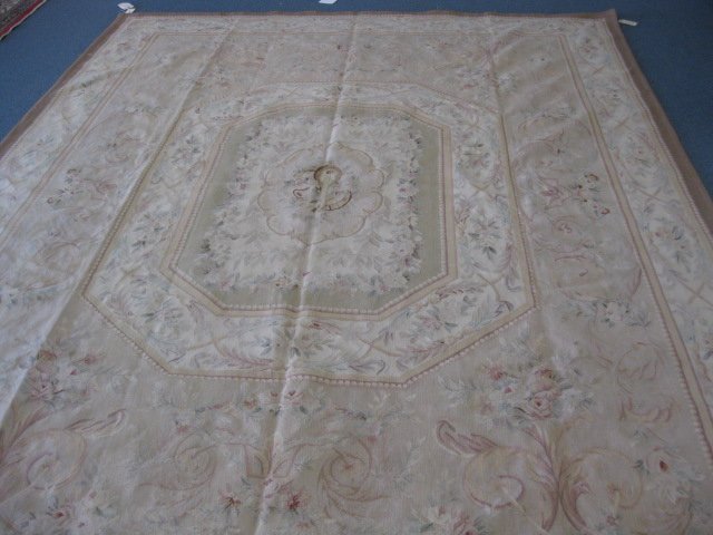 Aubusson Handmade Room Size Rug,: elegant florals, soft coloring, flat weave, 8' x 10'