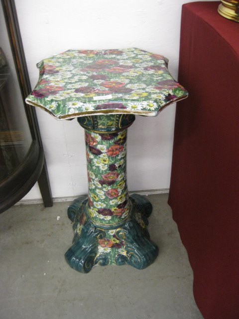 Victorian Ironstone Pedestal,: elaborate floral 24" tall, one base corner repaired.