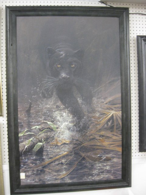 John Seerey-Lester, Giclee on Canvas,: "Final Moments-Night Vision", #8 of 180, black panther, image area 30" x 48".....World renowned wildlife artist John Seery-Lester was born in Manchester, England where he grew up with a sketchbook in 