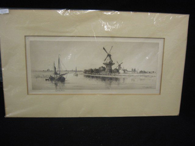 Frederick Leo Hunter, engraving,: Dutch harbor, pencil signed, image area 8 1/2" x 21", well listed artist, born 1858, died 1943, this one dated 1890....Known for street scene paintings and etchings of New York City as well as coastal