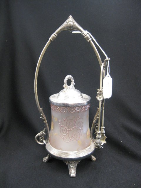 Victorian Pickle Castor,: enameled & gold floral on satin art glass insert, silverplate holder & tongs by Simpson, Hall & Miller, 11 1/2", excellent.