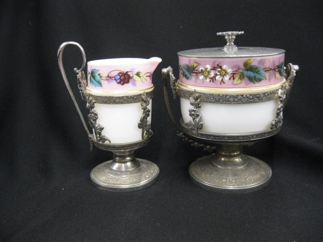 Victorian Art Glass Creamer & Sugar,: berry & floral attributed to Mt. Washington, in silverplate pedestal base holders by Middleton, excellent.