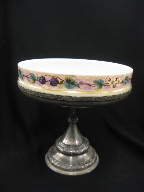 Victorian Art Glass Centerpiece Compote,: berry & floral attributed to Mt. Washington in silverplate holder, 9", excellent.