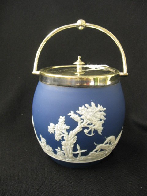 Adams Jasperware Biscuit Jar,: hunter and dogs with game, dark blue, silverplate lid & swing handles, circa 1890, 6".