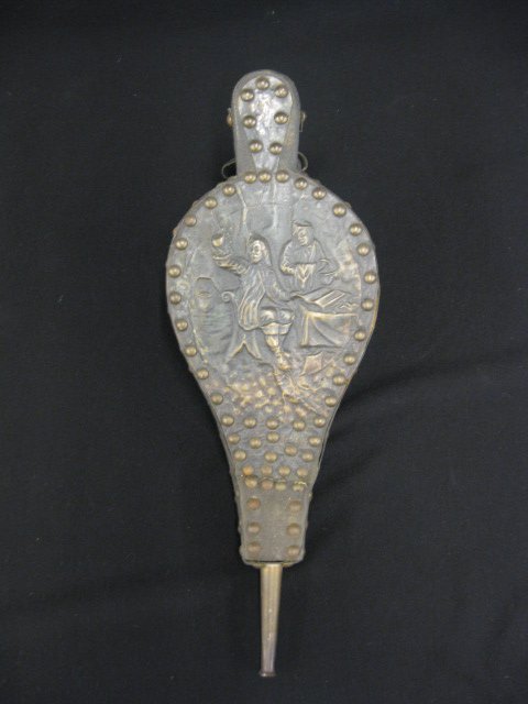 Fireplace Bellows,: ornate brasswork with scene, leather trim, 18".