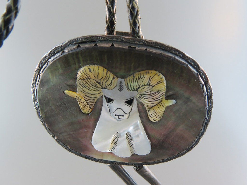 Indian Carved Abalone & Sterling Bolo,: ram's head decor, 2 1/2" x 3".