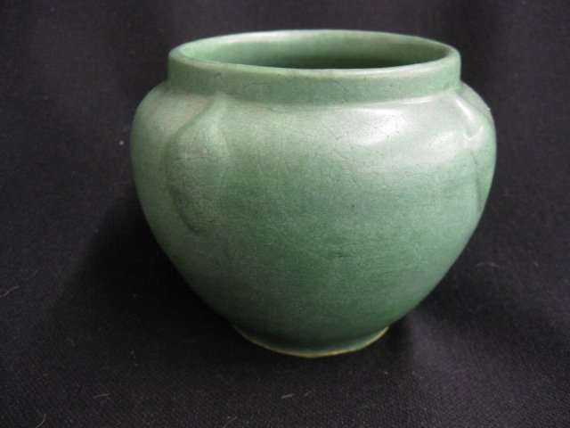 Arts & Crafts Pottery Vase,: matte green glaze, 4 1/6", excellent.