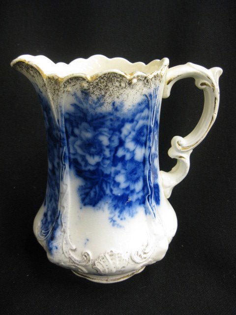 Flow Blue Ironstone Pitcher,: rich floral, gold trim, 7".