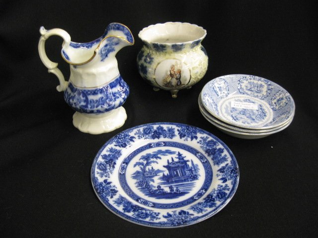 6 pcs. Blue & White Ironstone;: creamer, footed mug, "Madras" Royal Doulton bread plate & 3 Ridgway "oriental" bowls.