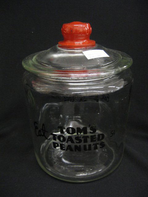 Old Store Glass Display Sales Jar,: "Tom's Toasted Peanuts, 5", 10" tall, excellent.