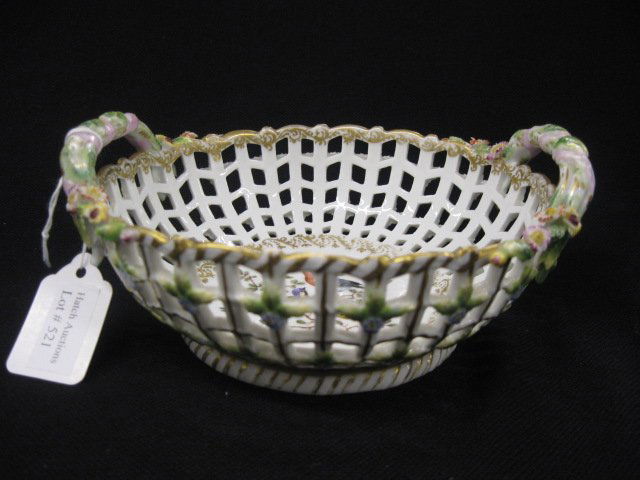 Meissen Porcelain Basket,: applied flowers, bird decor, handled, 6" diameter, crossed swords mark.