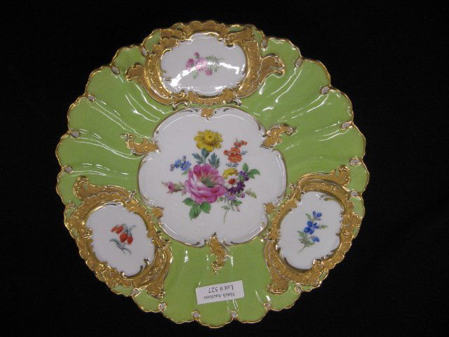 Meissen Porcelain Serving Dish,: elegant florals, green border, gold trim, 9 1/4" diameter, crossed swords mark, excellent.