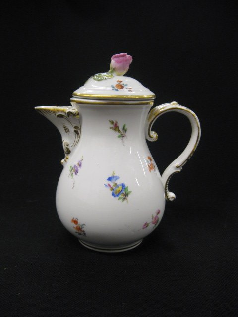 Meissen Porcelain Hotwater Pitcher,: floral sprays, figural rose top, crossed swords mark, 6", excellent.