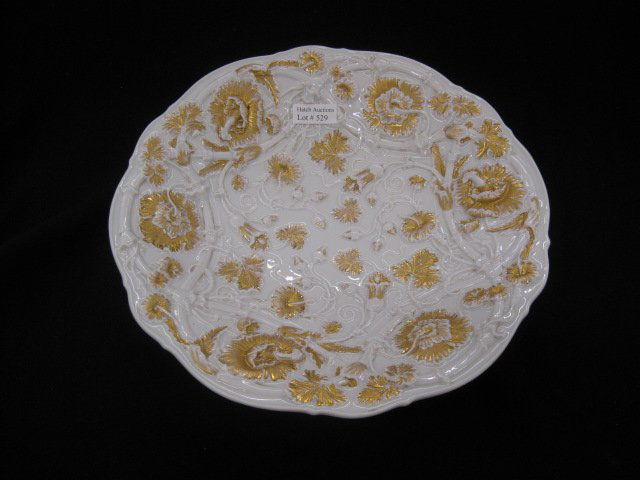 Meissen Porcelain Serving Bowl,: raised flowering vine, gold trim, 10" diameter, crossed swords mark.