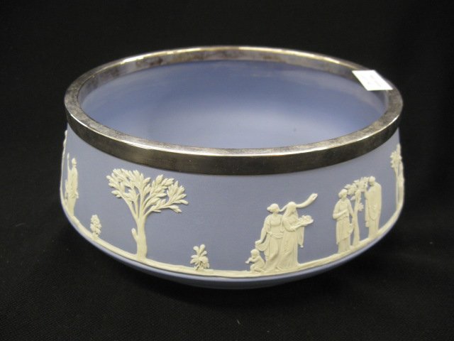 Wedgwood Blue Jasperware Bowl,: classical maiden & garden decor, silverplate rim, 8", excellent.