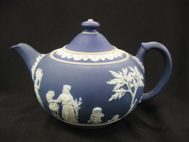 Wedgwood Dark Blue Jasperware Teapot,: classical maiden & garden scenes, 5 1/2" x 8 1/2", excellent.
