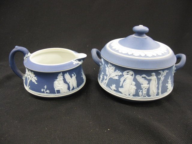 Wedgwood Dark Blue Jasperware Creamer &: Sugar, classical maiden & garden scenes.