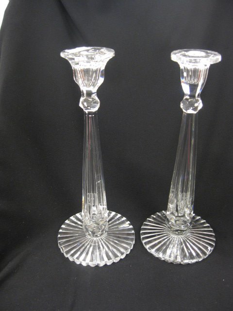 Pair of Libbey Cut Glass Candlesticks,: 14 1/4" tall, panel & ray style cutwork, signed, one has chip, K. M. Wilson has summarized the history of the Libbey Glass Company as follows (from an article, New discoveries in American glass, 1760-