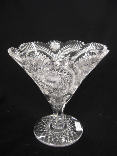 Large Art Glass Vase, unusual feathering: and hobstar designs, martini glass shape, 9" tall, 8 1/2" diameter, excellent.