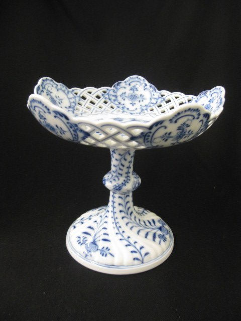 Meissen Porcelain "Blue Onion" Tall Compote,: basketweave openwork, pedestal base, 8" tall, 9" diameter, oval mark, excellent...The "onion" pattern was originally named "bulb" pattern.[1] While modeled closely after a pattern first produced by th