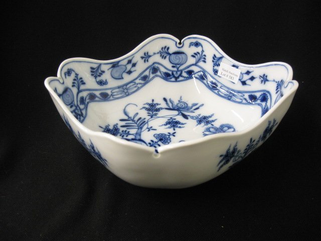 Meissen Porcelain "Blue Onion" Deep Serving: Bowl, 8" squared, scalloped rim, oval mark, excellent...The "onion" pattern was originally named "bulb" pattern.[1] While modeled closely after a pattern first produced by the Chinese the plates and b