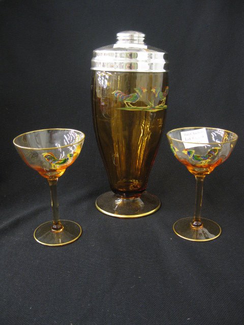 Cambridge Glass Cocktail Set,: enameled rooster decor, 9" shaker with pair of 4 1/2" cocktail glasses, golden topaz color, signed, scarce, excellent.