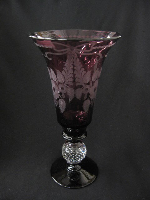 Pairpoint Art Glass Vase,: amethyst with finely engraved floral, clear controlled bubble low pedestal, 13", excellent...About Pairpoint Glass For well over a century, cabinets and tables in America’s most elegant homes have b