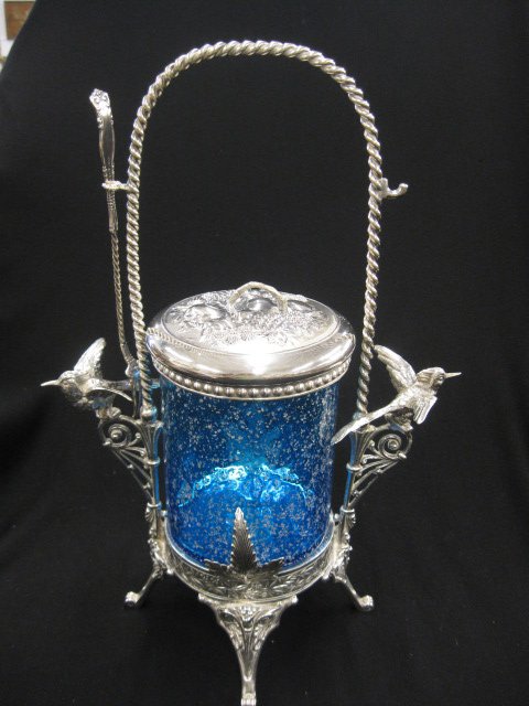 Victorian Oversized Pickle Castor, blue art: glass insert with mica throughout, elaborate footed silverplate holder with birds by Meriden, 15-1/2" tall, excellent